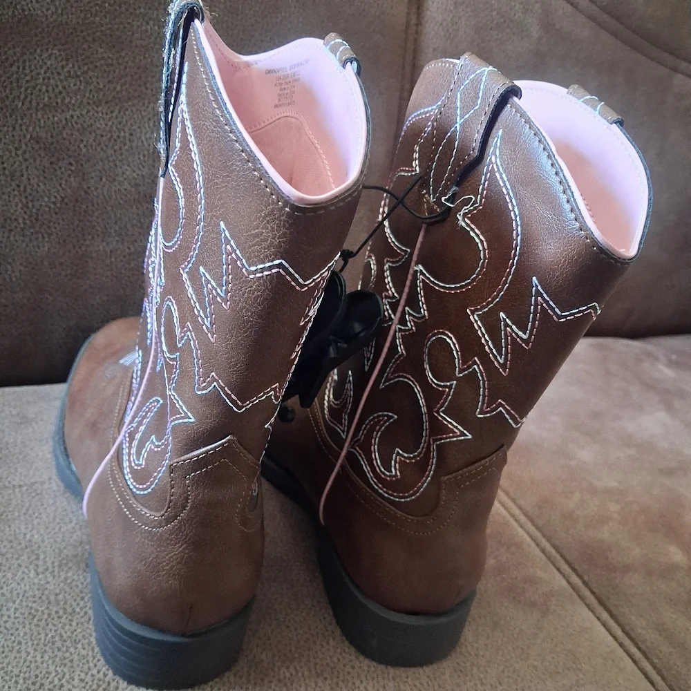 Wonder Nation Classic Brown Western Cowgirl Boots with Pink Trim Girls' Size 3